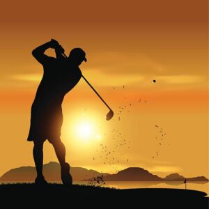 Silhouette of golfer, sunset sky